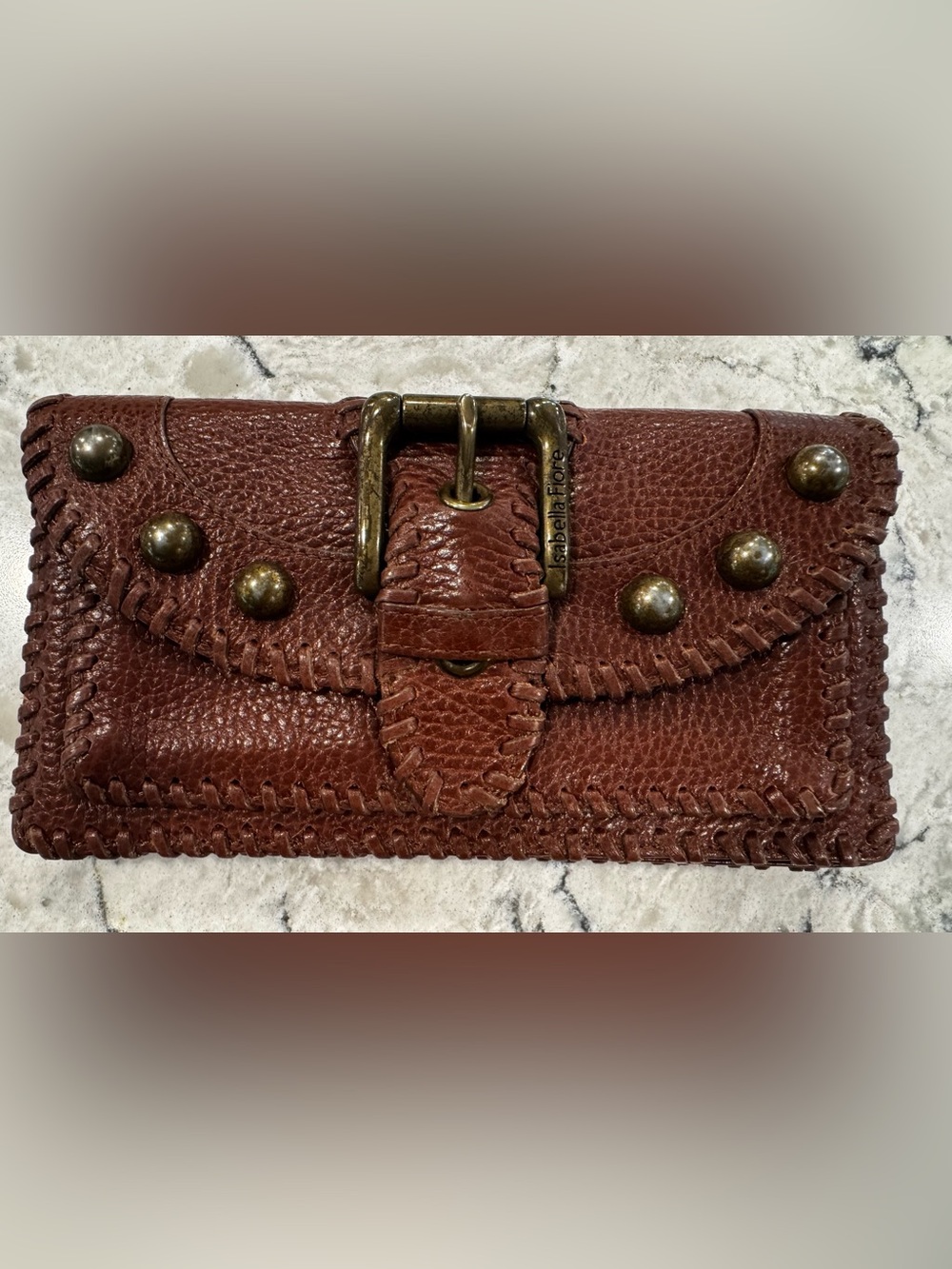 ISABELLA FIORE Brown Leather Studded Bronze Buckle Wallet Y2K